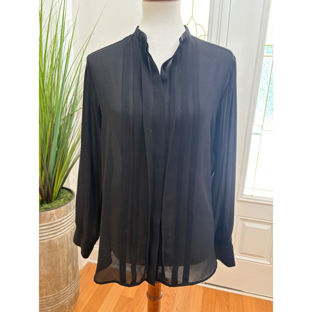 Uniqlo Womens Black Pleated Band Collar Long Sleeve Blouse Semi Sheer 
Medium